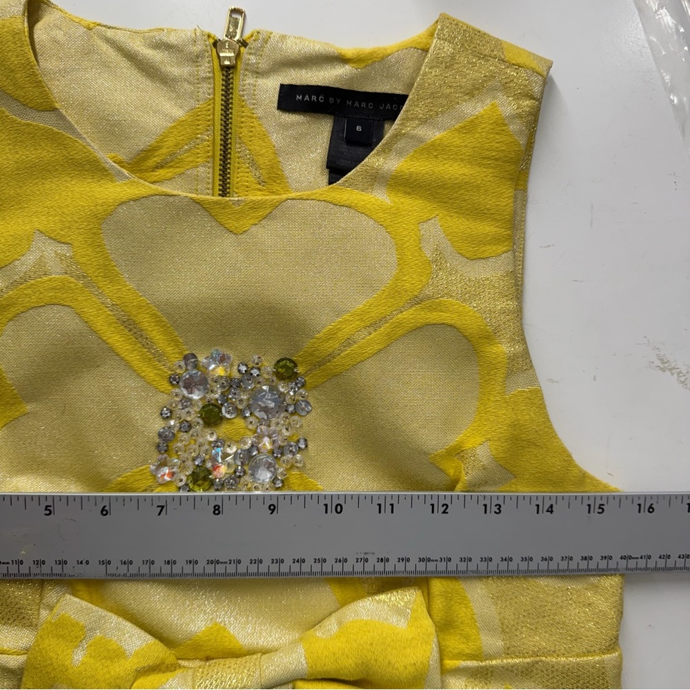 Marc by Marc Jacobs Embellished Bow Midi Dress 6 Yellow Floral Jacquard A-Line - Picture 9 of 13